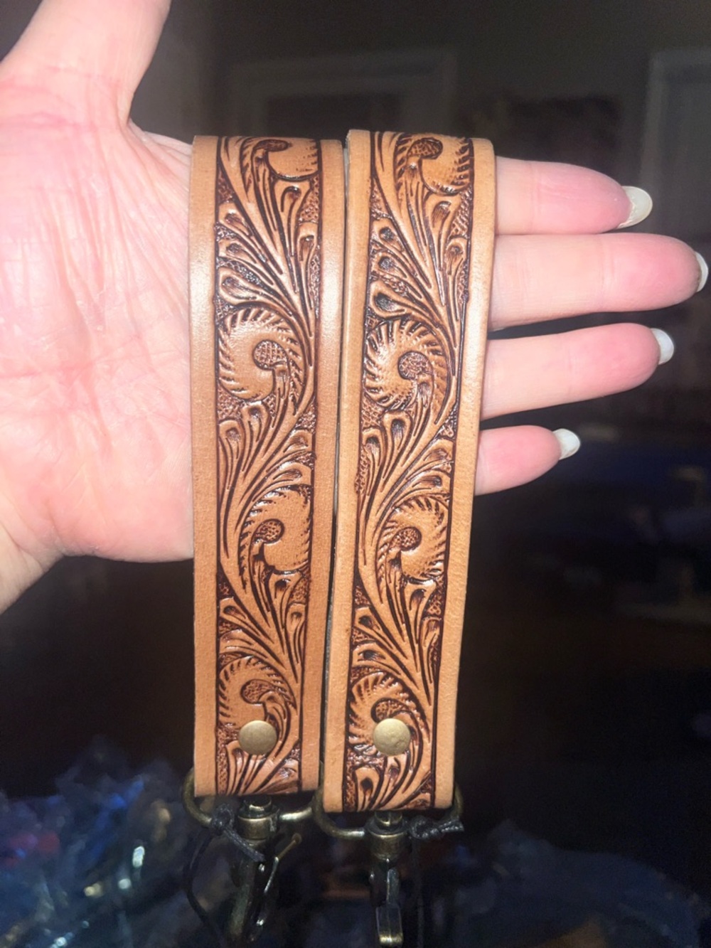 Myra Bag Hand-Tooled Leather Key & Card Strap - Tan ONLY 1 left